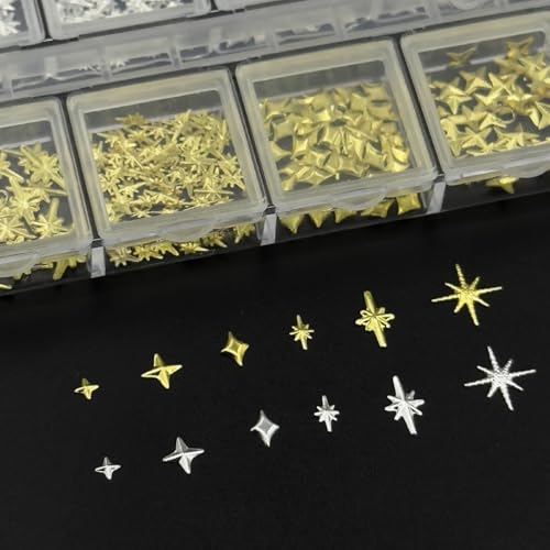 Star Nail Art Charms 3D Gold and Silver Metallic Studs with Tweezers