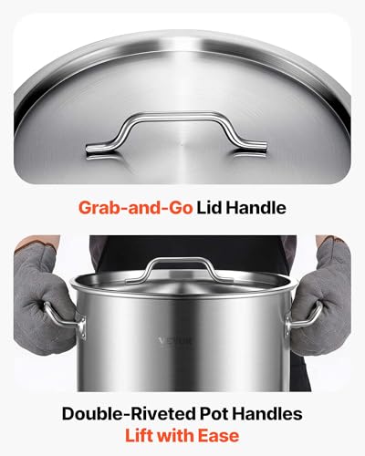VEVOR Stainless Steel Stockpot, 42 Quart Large Cooking Pots, Cookware Sauce Pot with Strainer, Lid, and Handle, Heavy Duty Commercial Grade Stock Pot, Sanding Treatment, for Large Groups Events Silver