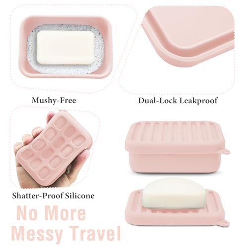 Pink Silicone Travel Soap Case with Lid & Drain Tray - Leakproof