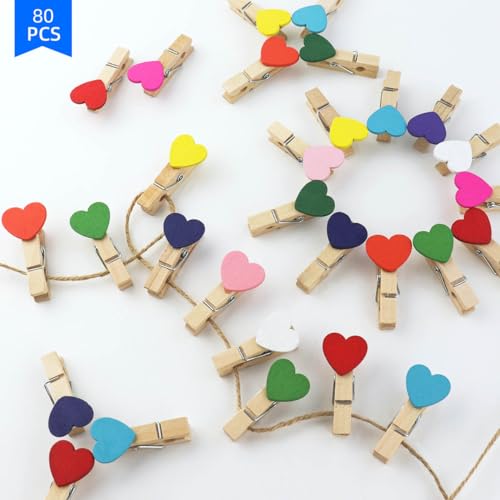 80 Mini Heart Clothespins with Jute Twine - Colorful Wooden Clips for Crafts