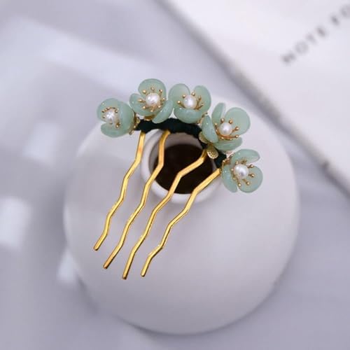 Chinese Style Vintage Hair Fork - 4 Prong U Shaped Hairpin Stick Green