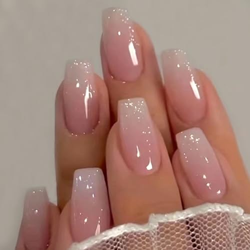 WAFOLOZE Medium Coffin Ombre Pink Press On Nails with Glitter