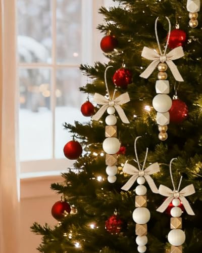 24Pcs Wooden Beads Christmas Tree Ornaments - Gold & Rustic Boho Xmas Decor