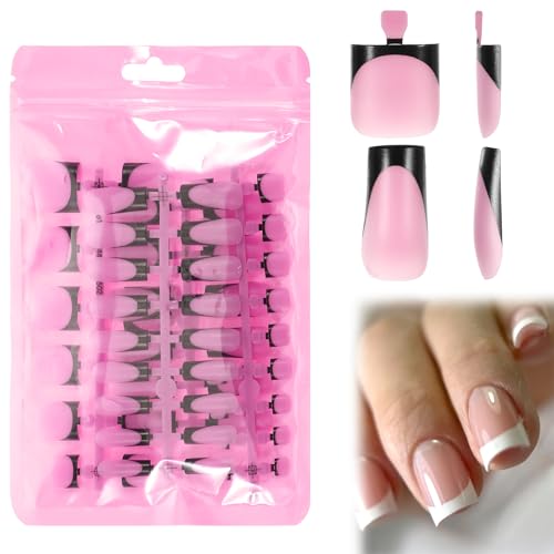 Black French Tip Press On Nails Medium Square Fake Nails Kit 60 Pcs