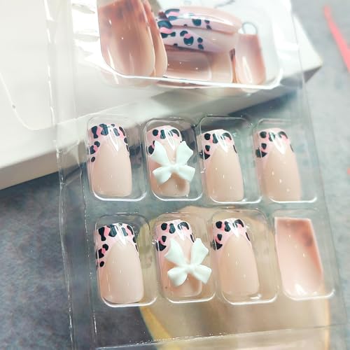 Pink Leopard French Tip Press on Nails with Bow and Rhinestones