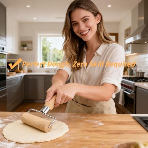 BUBBLE-FLY Non-Stick Wooden Rolling Pin for Pizza & Pastry Baking
