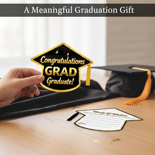 2026 Graduation Advice Cards - 50 Black & Gold Cap-Shaped Keepsakes