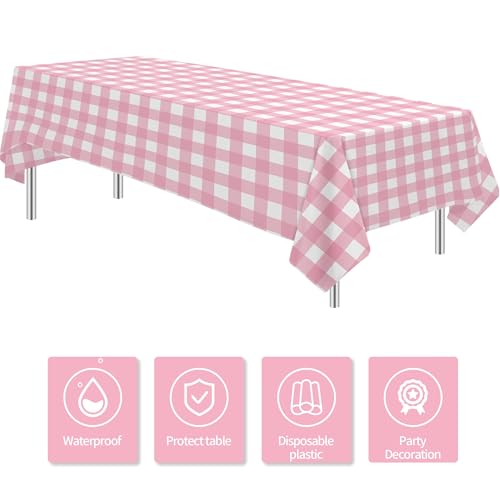 Pink Gingham Disposable Tablecloth - 55x86in, 3 Pcs Party Decor