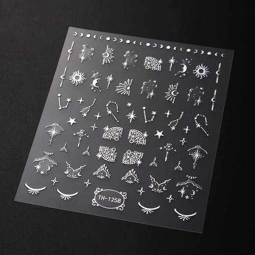 Lismyakey 3D Star Moon Embossed Nail Stickers Self-Adhesive Decals 5 Sheets