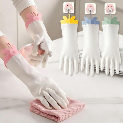 KINGFINGER Reusable PVC Dishwashing Gloves - 3 Pairs with Bunny Ear Cuffs