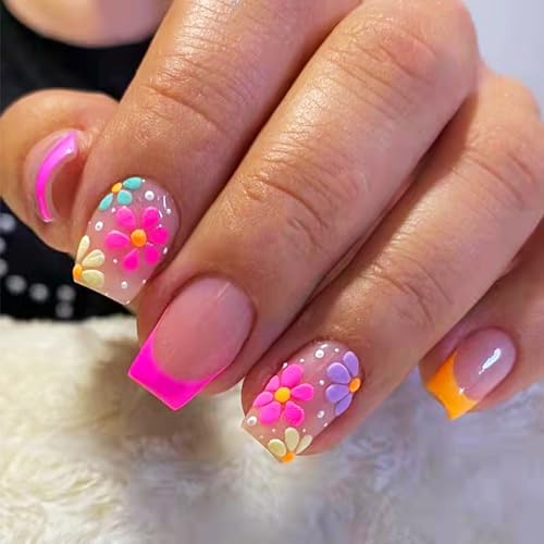 Short Square French Press on Nails with 3D Flower Embossed Design Nude Glossy False Nails