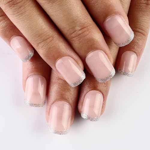 SEENEEY French Tip Short Square Press on Nails, 24Pcs Cute Fake Nails