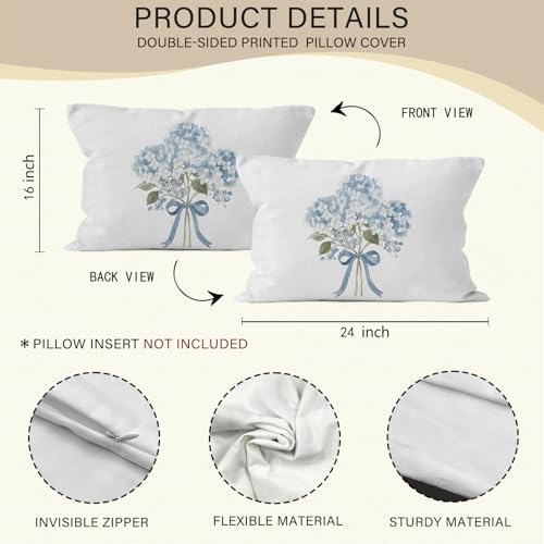 Blue Hydrangea Bow Throw Pillow Cover - 16x24 Flannel Decorative Case