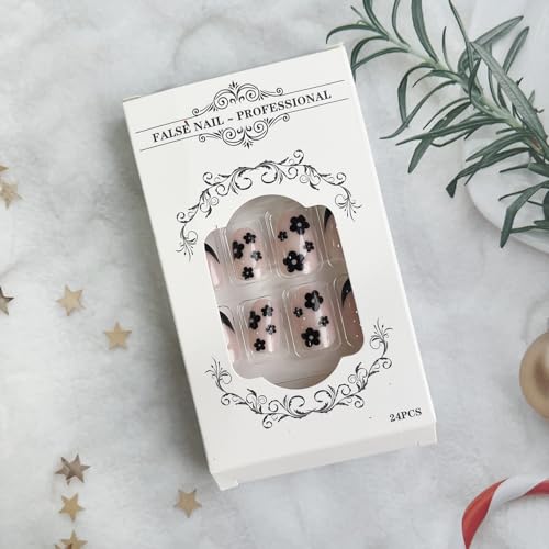 LYLYNB Black French Tip Press on Nails with Floral Art - Almond False Nails