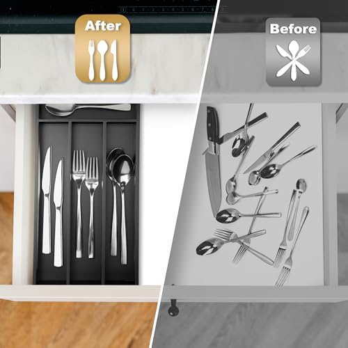 Bamboo Silverware Organizer Tray with 4 Deep Compartments