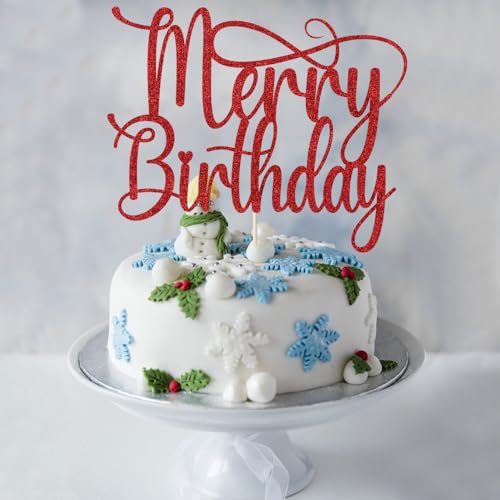 Red Glitter Merry Birthday Cake Topper for Christmas Parties