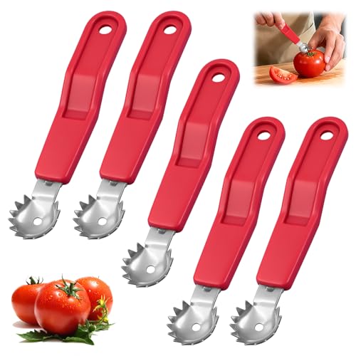 5-Piece Tomato and Strawberry Corer Tool, Red Stainless Steel Stem Remover