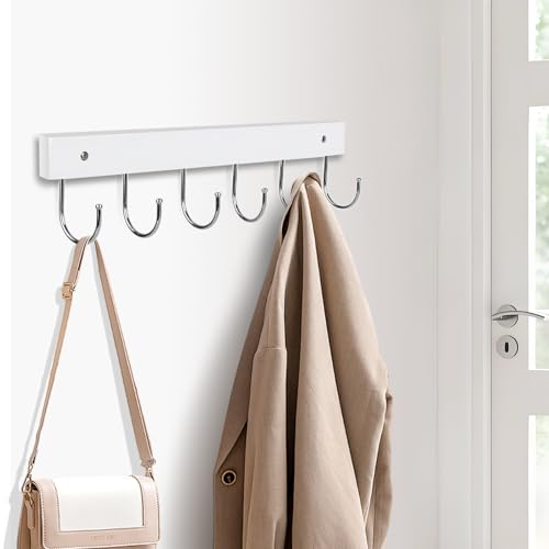 White Wall Mount Coat Rack with 6 Rotating Hooks - 14.6 inch Wooden Hanger