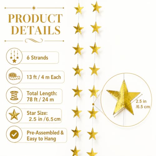 Gold Glitter Star Garland - 78 Feet Hanging Decoration for Parties