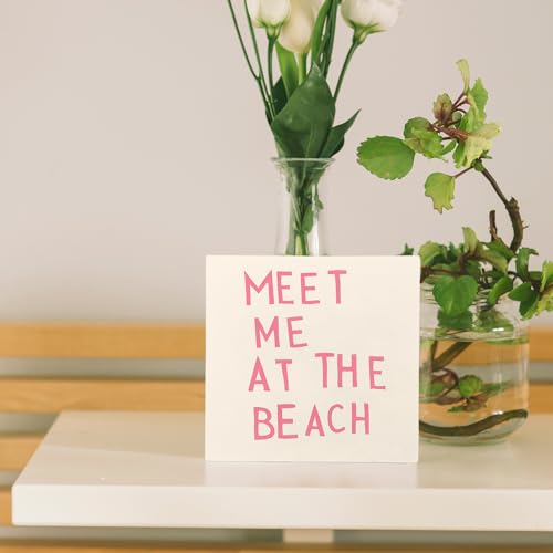 Pink Beach Themed Wooden Box Sign for Desk Decor - 5x5 Inch