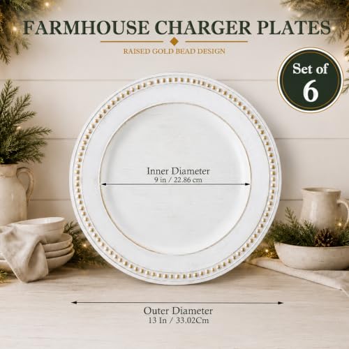 Farmhouse White Christmas Charger Plates Set of 6 - 13 Inch Beaded Plastic Dinnerware