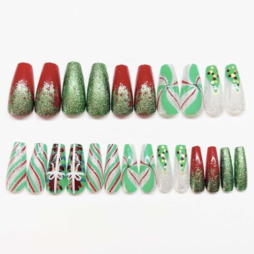 LINMEIZAI Short Square Christmas Press on Nails Glitter False Acrylic Kit