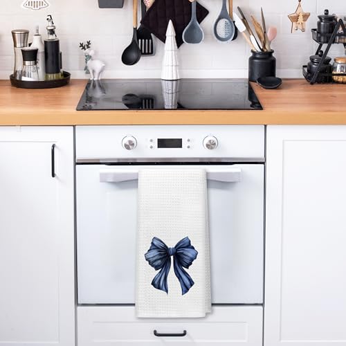 PIUD Navy Blue Bow Kitchen Towels, Preppy Waffle-Weave Hand Towels 16x24