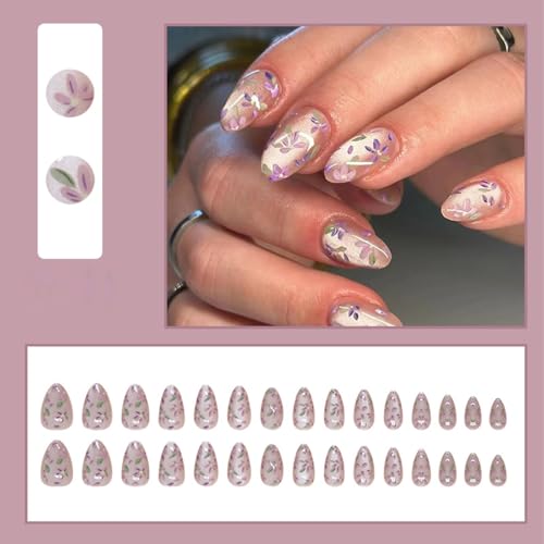 Short Almond Press On Nails Purple Floral Glitter Glossy False Nails