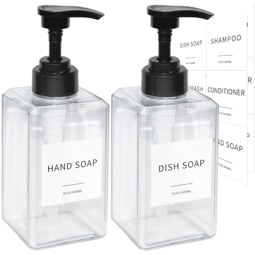 Lewistin 15oz Clear Soap Dispenser Set (2-Pack) with Waterproof Labels