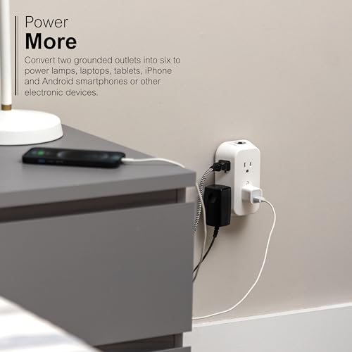 GE 6-Outlet Wall Tap with Circuit Breaker, 3-Pack, White