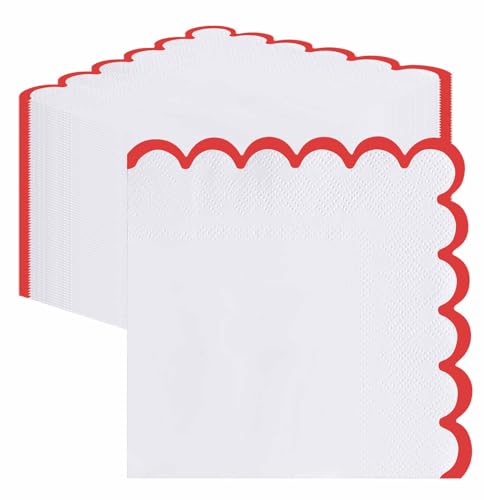 50 Red Scalloped Cocktail Napkins - 3-Ply Disposable 5x5 Inches