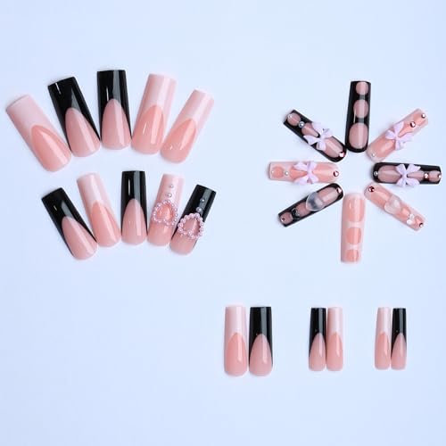 Long Square Press on Nails Black and White French 3D Bow Pearl False Nails