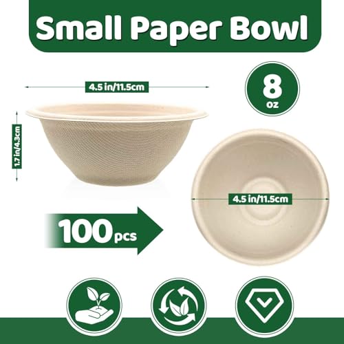 100 Pack 8oz Compostable Paper Bowls - Heavy-Duty Biodegradable Bowls for Soup, Salad, Ice Cream