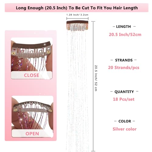Hair Tinsel Clip In Extensions 20.5 Inch Glitter Fairy Hair 18 Pcs Silver