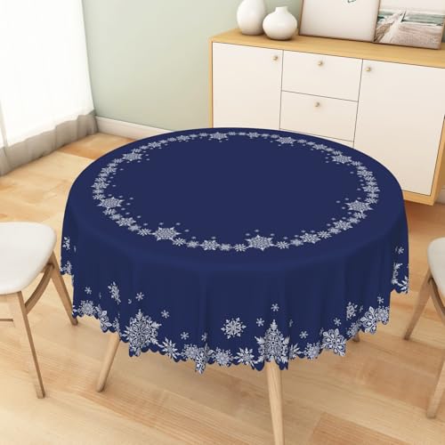 Christmas Round Tablecloth 60 Inch Navy Blue & White Snowflakes Waterproof Fabric