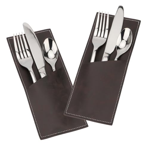 Leather Cutlery Sleeve Set - Grayish Brown, 2 Pcs Utensil Pouch for Dining