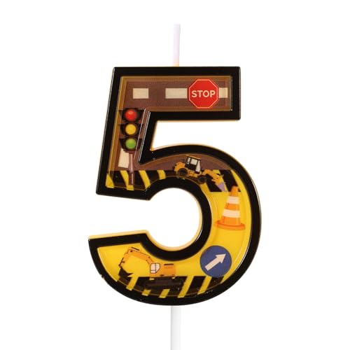 Construction Birthday Candle - Yellow & Black Striped Number 5 Cake Topper