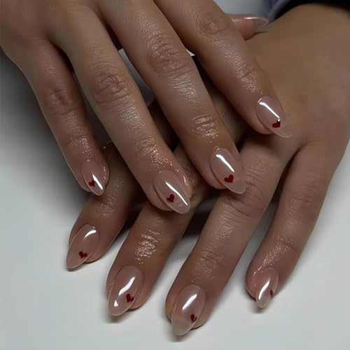 OHWODA Short Almond Press on Nails Red Heart Valentine Fake Nails