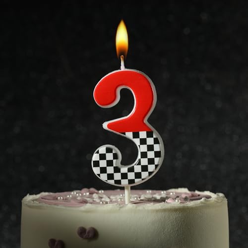 PHD CAKE Racing Stripes Number 3 Birthday Candle 2.76 Inch Red, Black & White