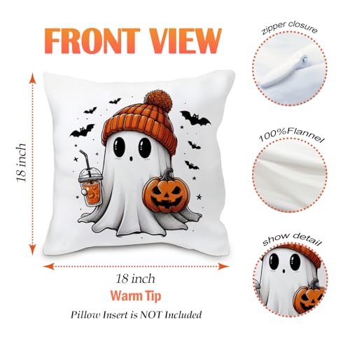 Fall Ghost Pillow Covers 18x18, Soft Flannel Halloween Decor (Set of 2)
