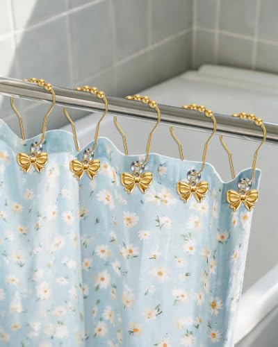 Gold Bow Shower Curtain Hooks 12-Pack - Rustproof Decorative Ring Set