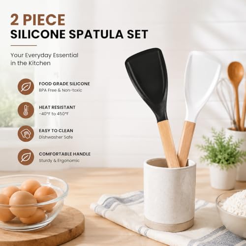 2-Pack BPA-Free Silicone Cooking Spoons with Wood Handles
