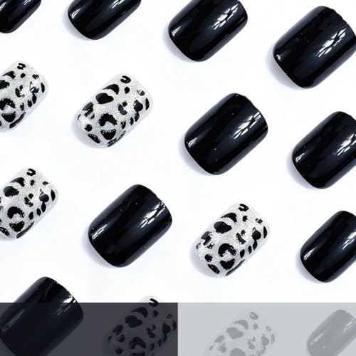 Black Press on Nails Short Square False Nails with White Glitter and Leopard Print