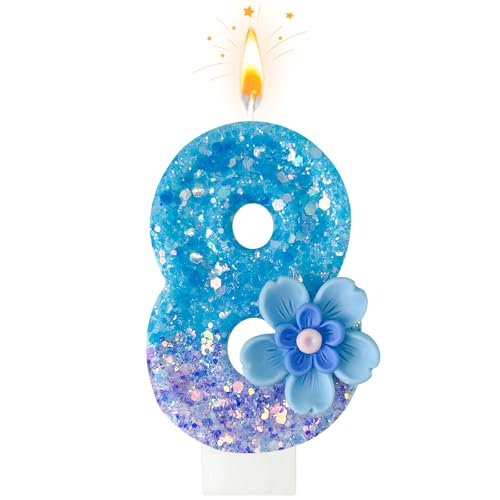Number 8 Blue Purple Flower Birthday Candle - Party Decoration