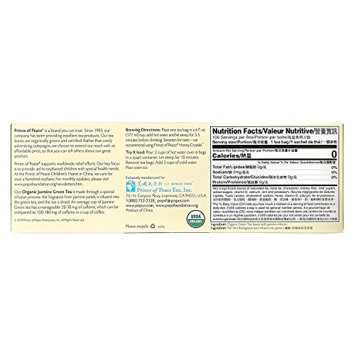 Prince of Peace Organic Jasmine Green Tea, 100 Tea Bags (Pack of 2)