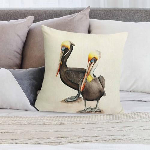 Pelican Decorative Linen Pillow Cover 18x18 Farmhouse Square Cushion Case