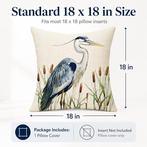 Watercolor Heron Throw Pillow Cover 18" x 18" - Blue Heron Design