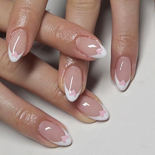 Short Almond Press on Nails French Tip with Pink Heart Valentines Fake Nails Kit