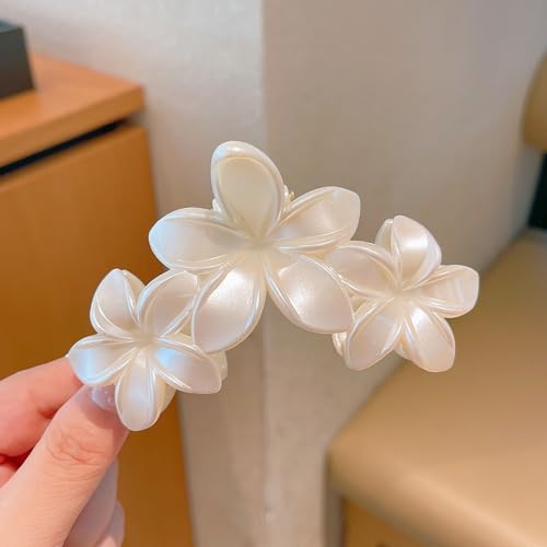 Pearl White Plumeria Flower Hair Claw Clip 4.3 Inch for Thick Hair