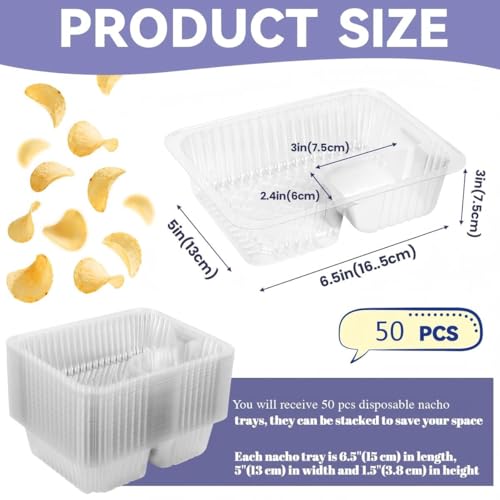 50 Pcs Disposable Nacho Trays with Dip Compartment - 12oz Plastic Serving Dish